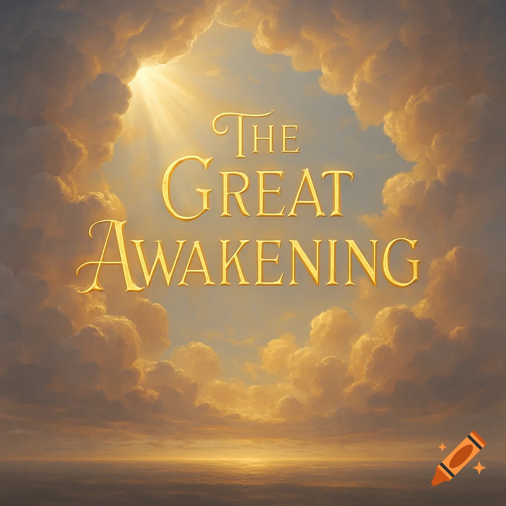 Golden text 'The Great Awakening' appears in a bright cloudy sky with sun rays shining down over a calm horizon.