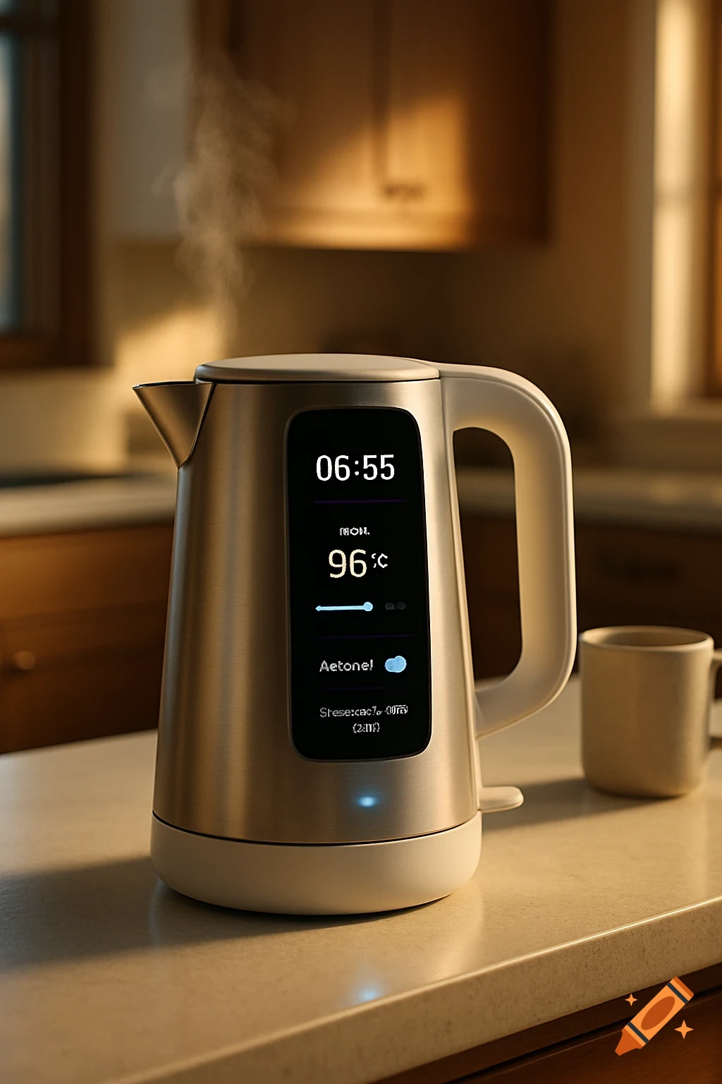 A sleek, modern smart electric kettle with a digital screen displaying time and temperature, steaming on a kitchen countertop at golden hour.
