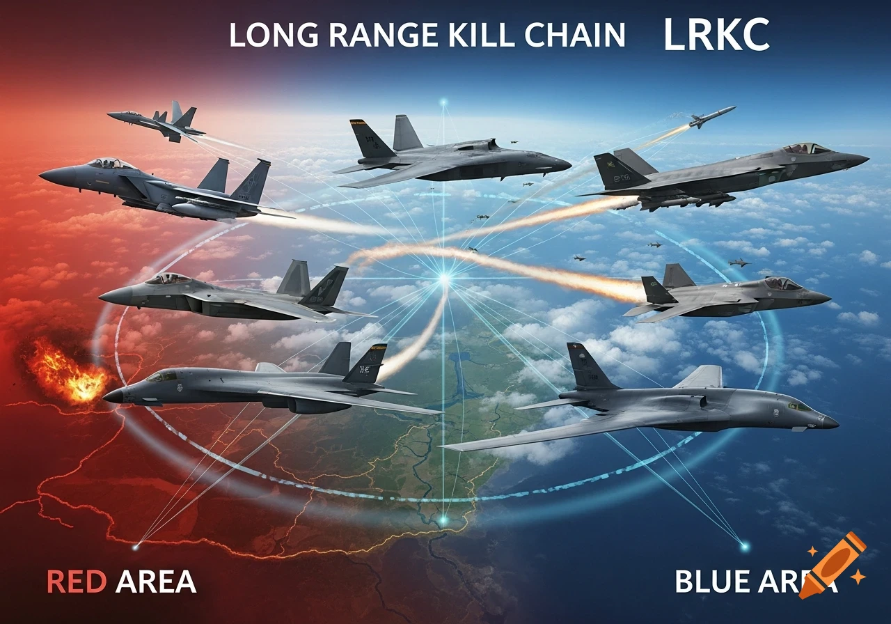 A strategic diagram showing multiple military jets and a bomber connected by glowing lines in the sky, targeting a 'RED AREA' with an explosion, depicting a 'Long Range Kill Chain'.