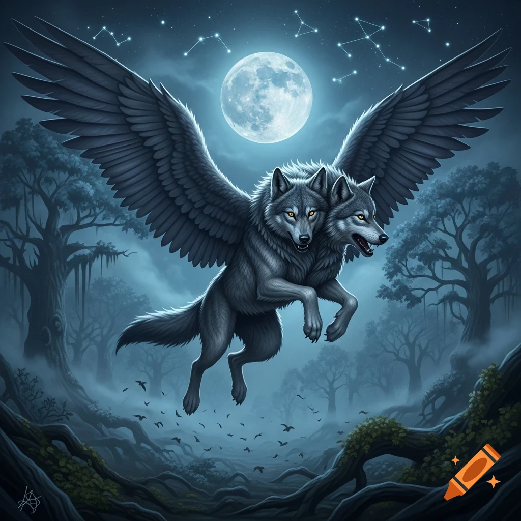 A two-headed winged wolf soars through a mystical, moonlit forest under constellations, rendered in a fantasy art style.