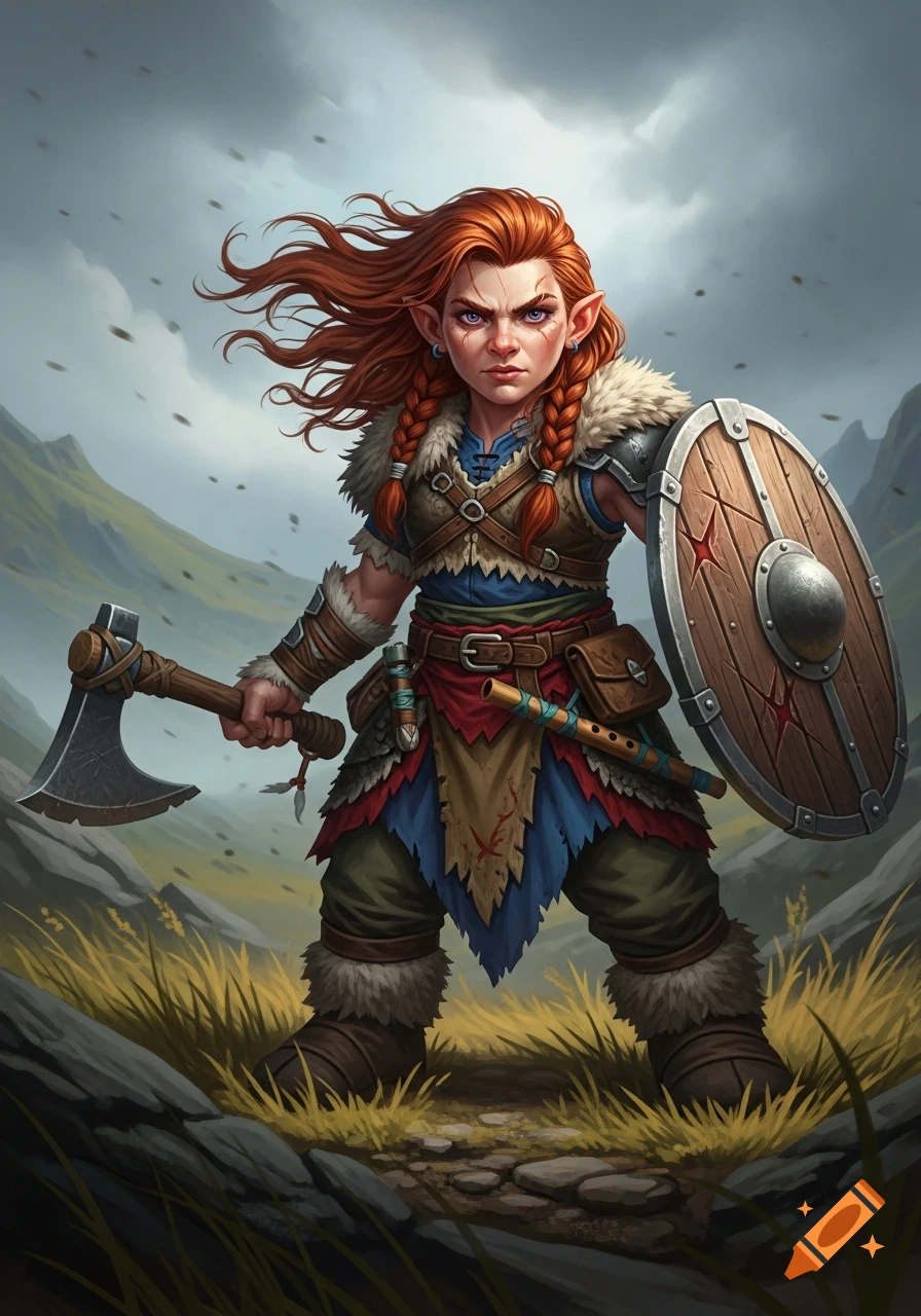 A fierce red-haired gnome barbarian in leather and fur armor, holding an axe and shield on a windy, cloudy hill.