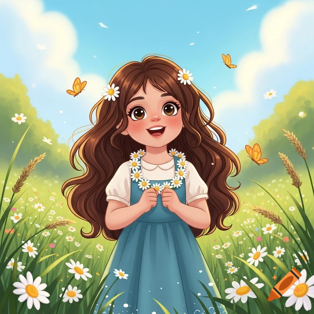 A cute cartoon girl with long brown hair smiles in a sunny field of daisies with butterflies.
