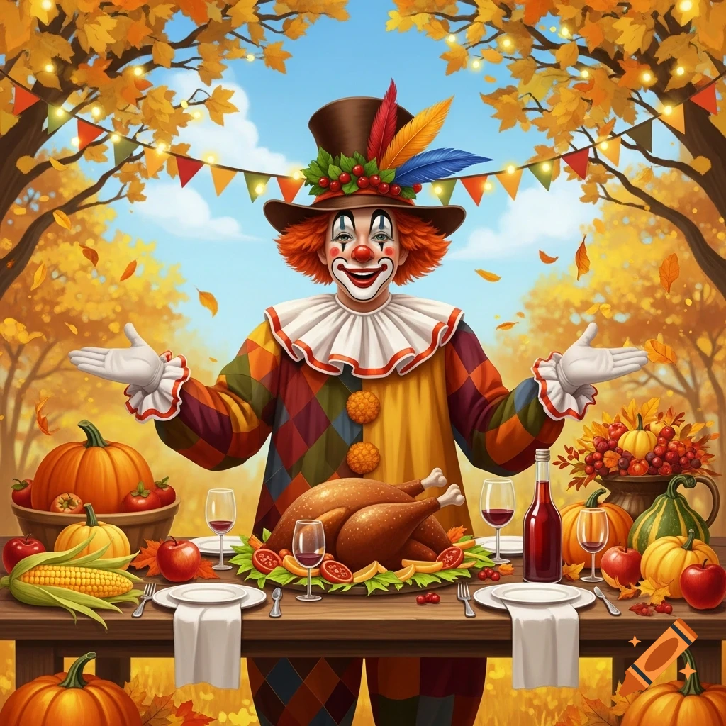 A festive clown in a colorful suit stands at a Thanksgiving table with a roasted turkey, pumpkins, and fall leaves in an autumn setting.