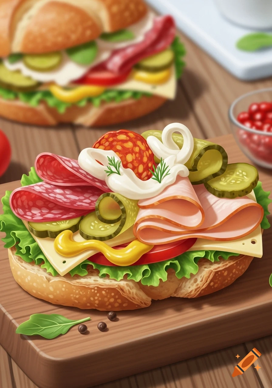 Illustrative open-faced sandwich with salami, turkey, cheese, lettuce, tomato, pickles, mustard, and sauce on a wooden board.