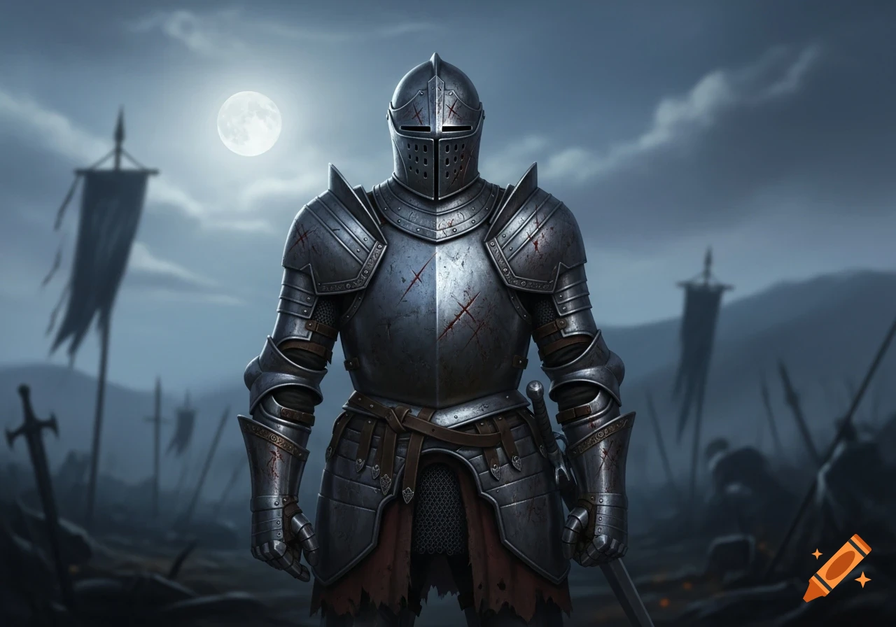 A knight in scratched, dark metallic armor stands on a foggy battlefield under a full moon at dusk.