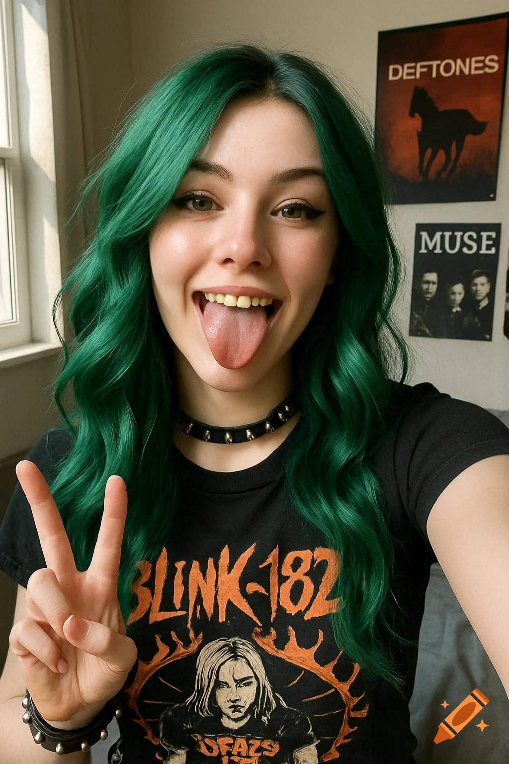 A smiling young woman with long green hair, a studded choker, and a Blink-182 t-shirt, sticking out her tongue and making a peace sign in a bedroom with band posters.