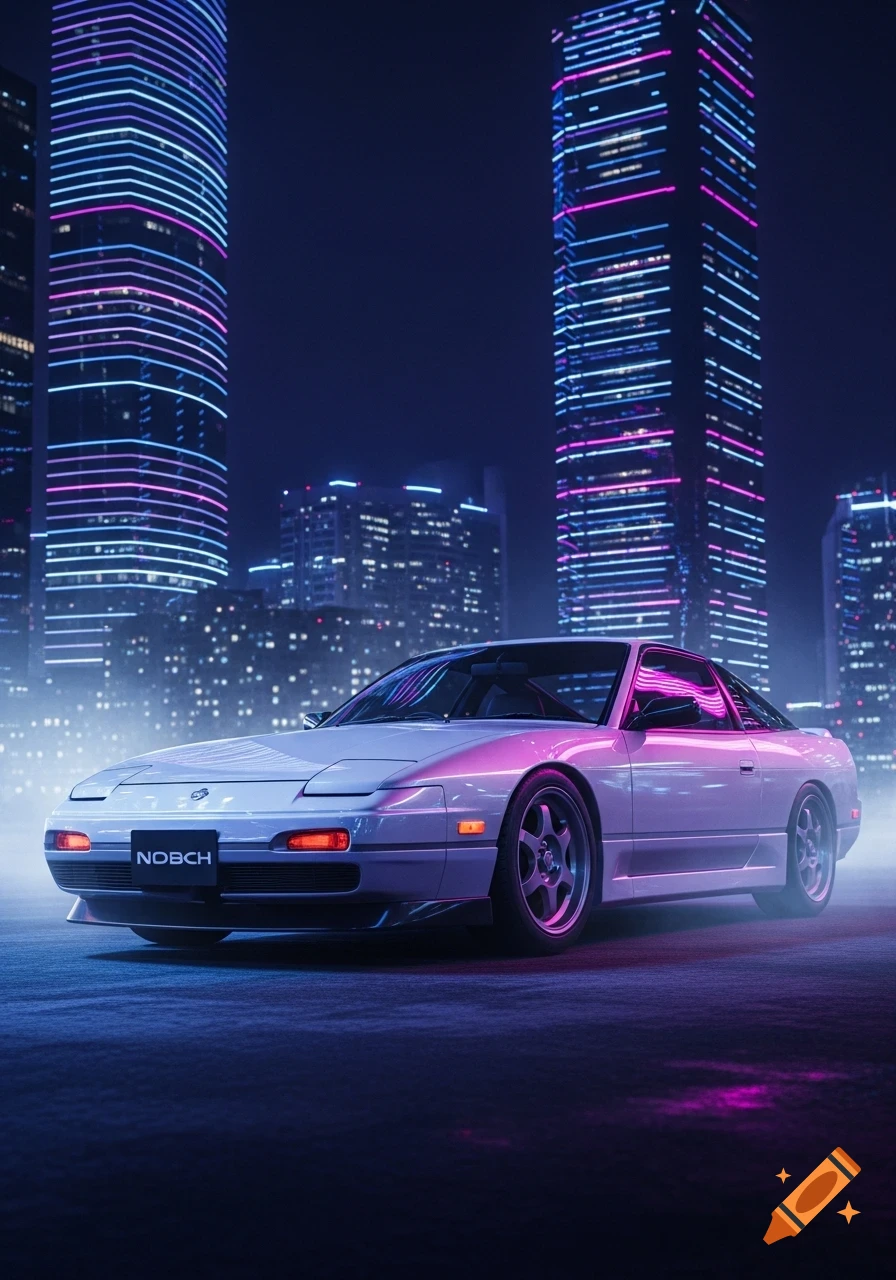 A white sports car with neon pink and blue reflections parked on a wet street in a futuristic city at night, with glowing skyscrapers.