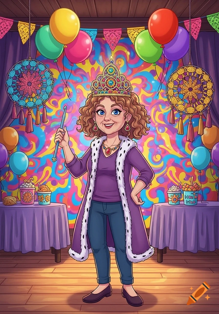 Cartoon illustration of a curly-haired crochet queen in a crown and purple robe, holding a crochet hook at a psychedelic birthday party.