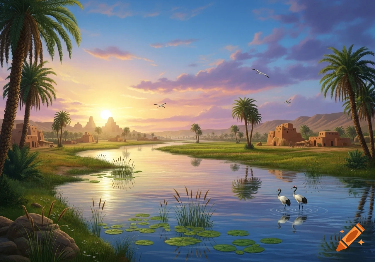 A vibrant landscape painting of a river flowing through green banks lined with palm trees and ancient Mesopotamian-style buildings at sunset. Two cranes stand in the water.