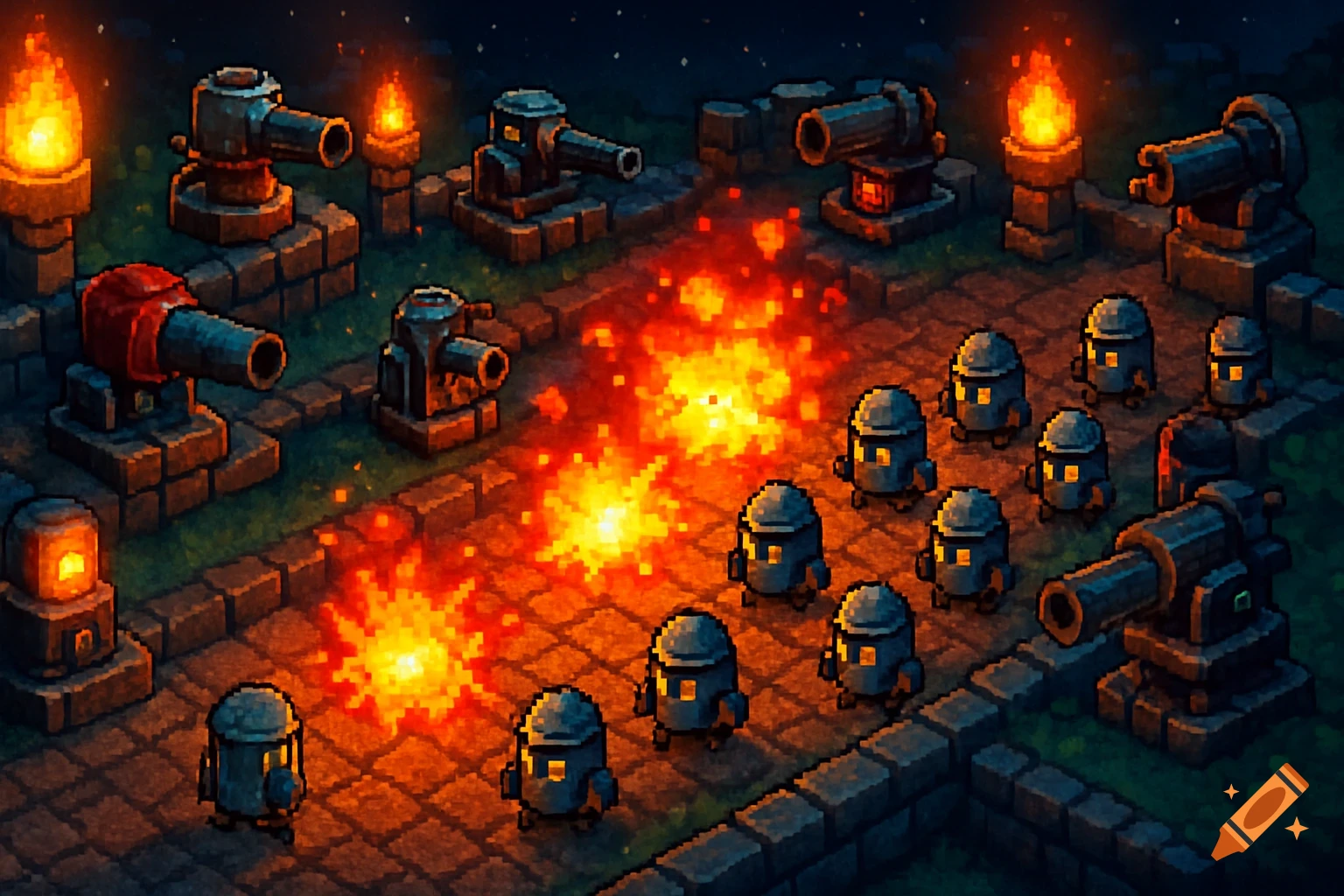 Pixel art isometric view of a tower defense game scene at night, with cannons firing at small armored characters amidst explosions and torchlight.