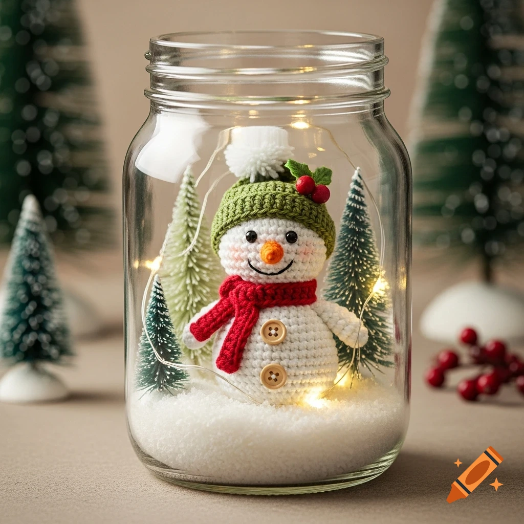 A crocheted snowman wearing a green hat and red scarf stands in a mason jar with fake snow, miniature Christmas trees, and twinkling lights.