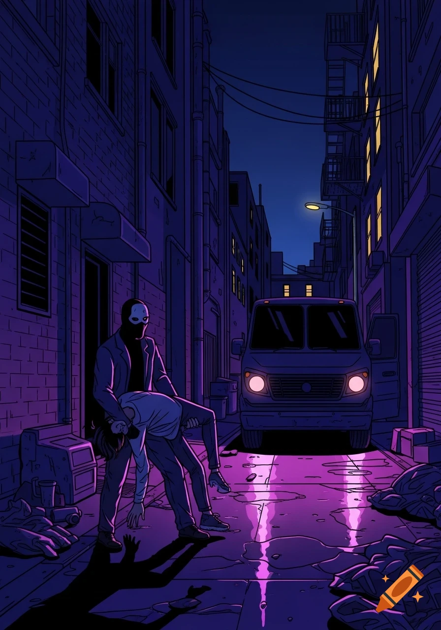A masked figure drags a person through a dark, wet urban alley towards a van, in a graphic novel style illustration.