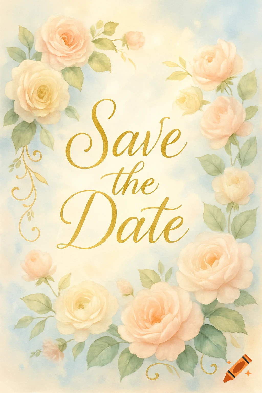 A watercolor illustration with a floral border of peach and yellow roses, and the golden text "Save the Date" in the center.