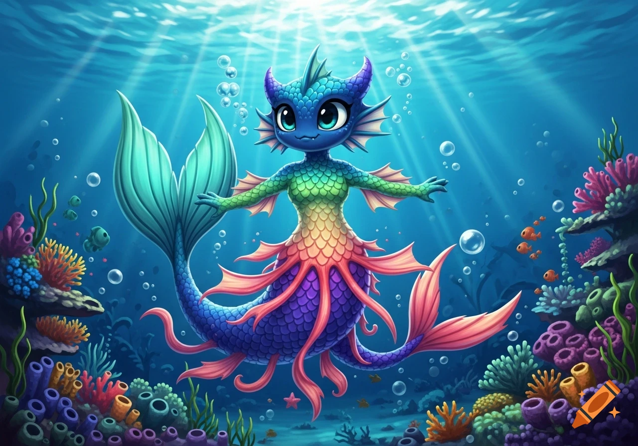 A cute, colorful cartoon mermaid creature with scales and fins floats in a vibrant underwater coral reef.