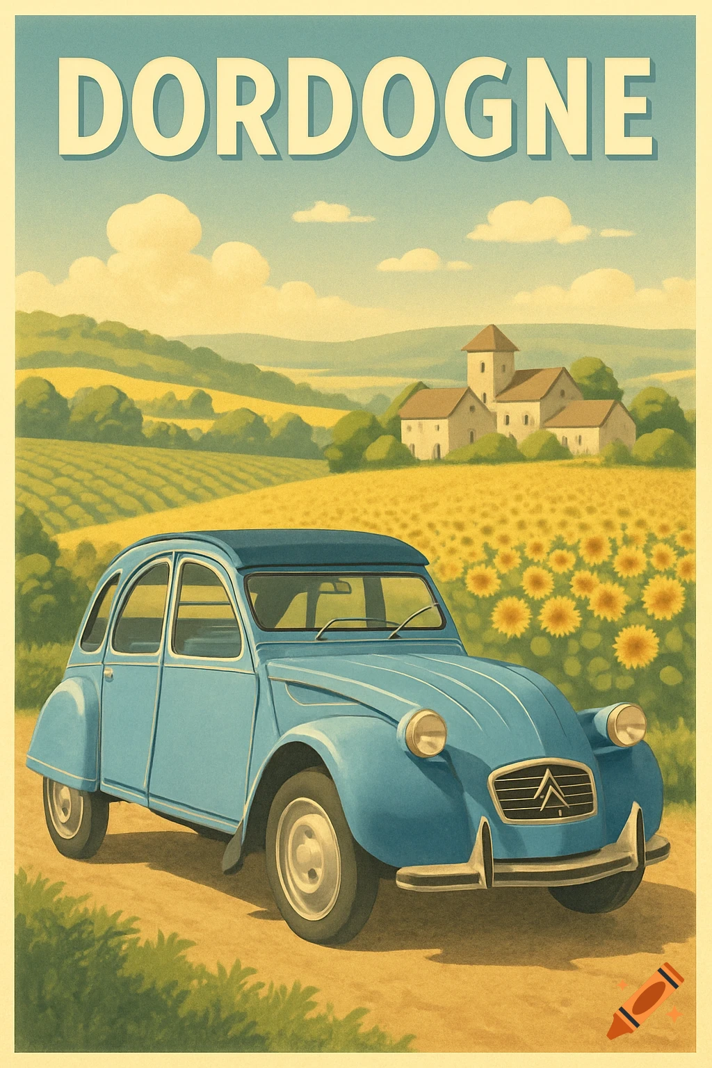 Retro-style travel poster of a blue Citro en 2CV on a dirt road, with sunflower fields and a village in the background, under a blue sky. Text reads "DORDOGNE".