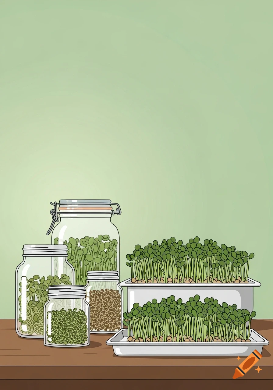 Vector illustration of sprouting seeds in glass jars and white trays on a wooden table against a light green background.