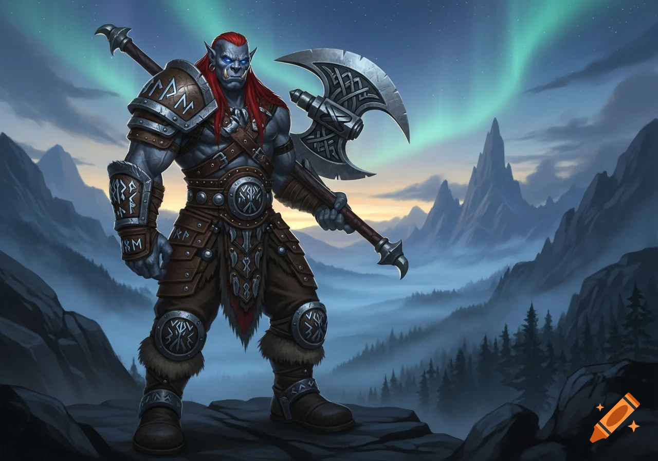 A gray-skinned half-orc with red hair and blue eyes stands in elaborate armor, holding a great axe, against a mountain landscape with an aurora.