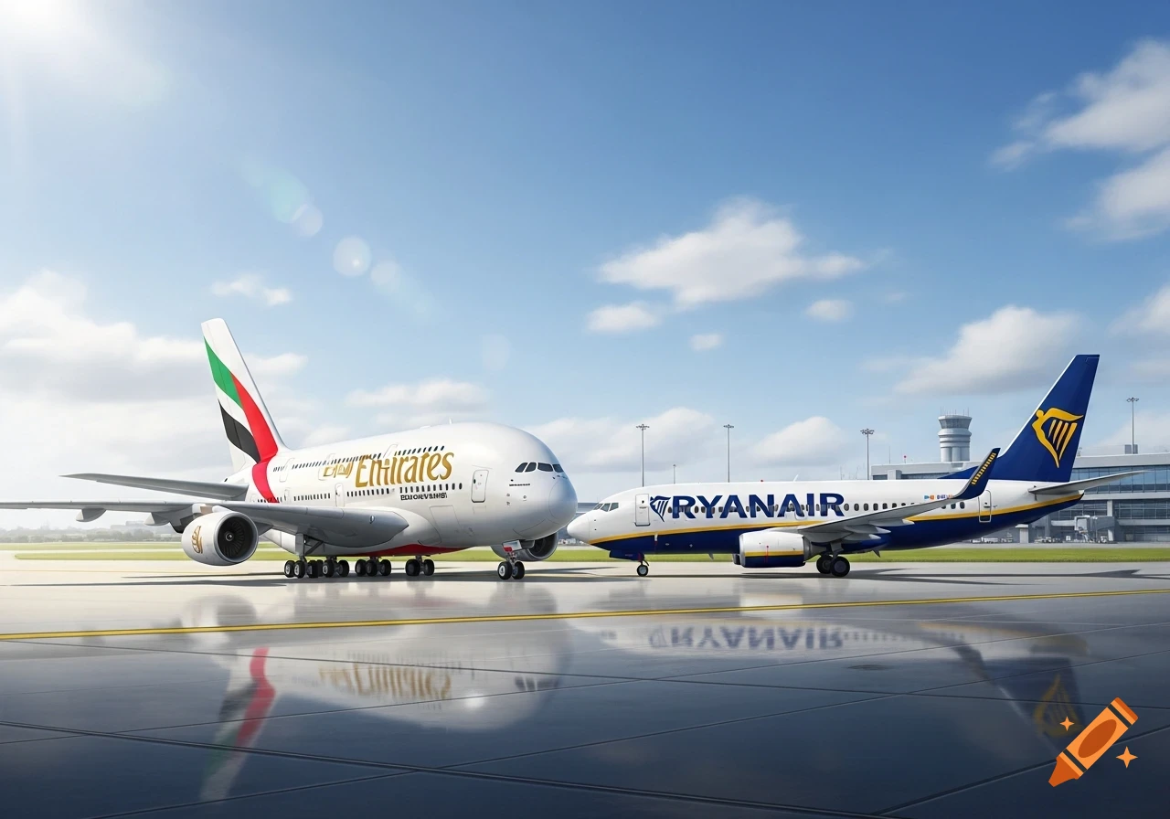 Photorealistic image of a large Emirates A380 airplane next to a smaller Ryanair 737 airplane on an airport tarmac under a blue sky.