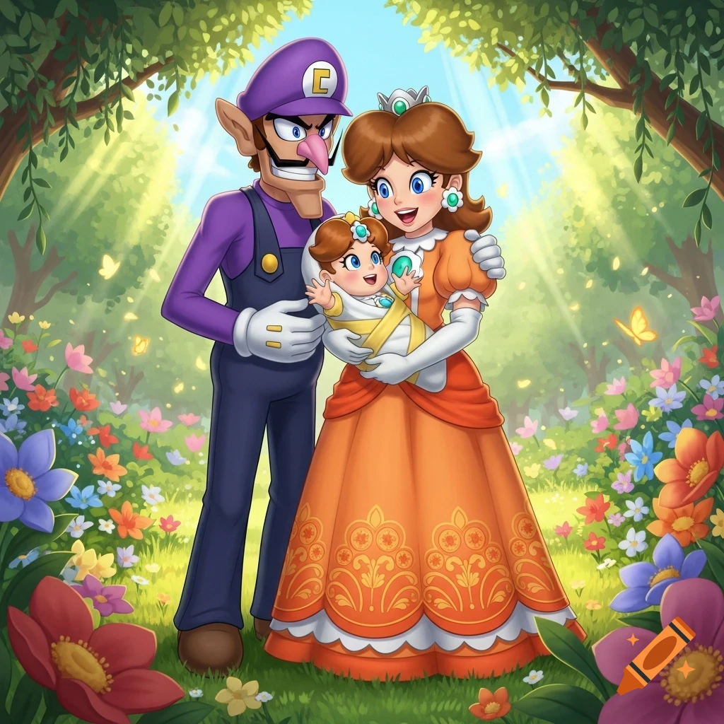 Waluigi and Princess Daisy smiling, holding baby Daisy in a colorful flower field under sunny skies, cartoon style.