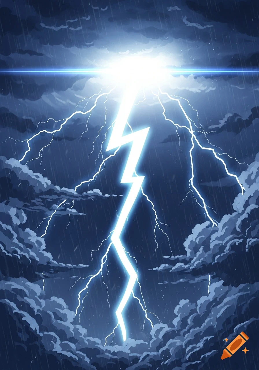 An anime-style illustration of a bright white and blue lightning bolt striking down through dark, stormy clouds with rain.