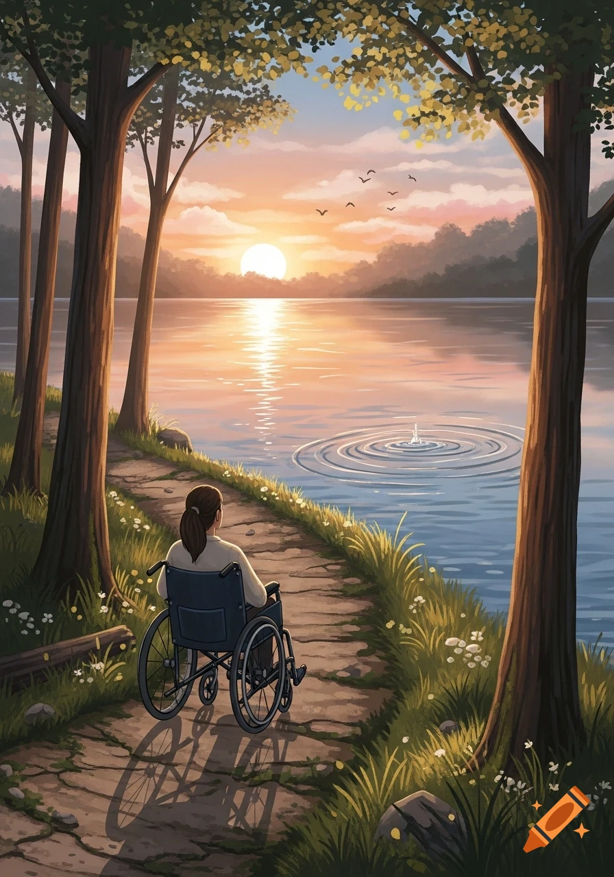 An illustrated scene of a person in a wheelchair on a path beside a lake, watching the vibrant sunset over the water.