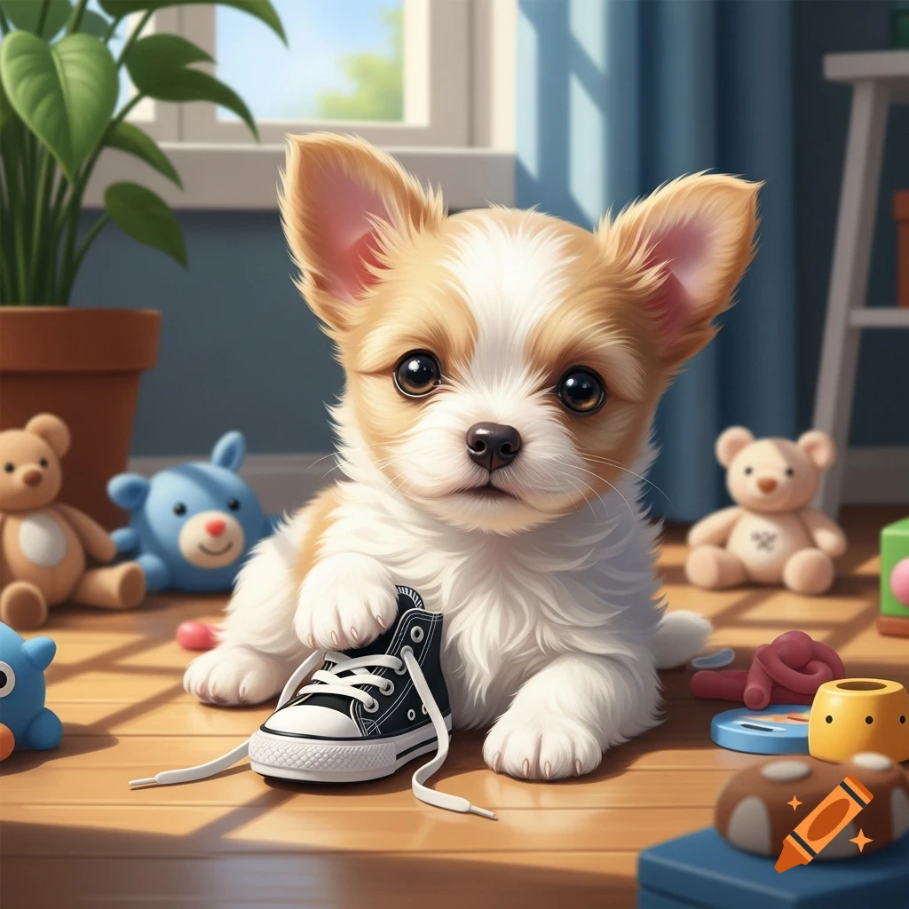 A fluffy, light brown and white puppy with big ears sits on a wooden floor, holding a black and white high-top shoe, surrounded by toys.