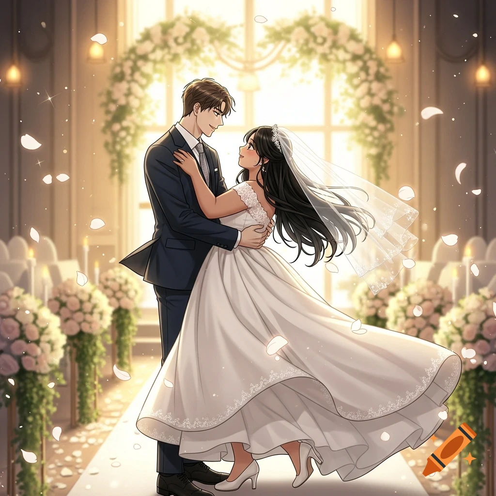 A Korean manhwa illustration of a groom gently spinning his bride in a luminous wedding venue with floral arches and falling petals.
