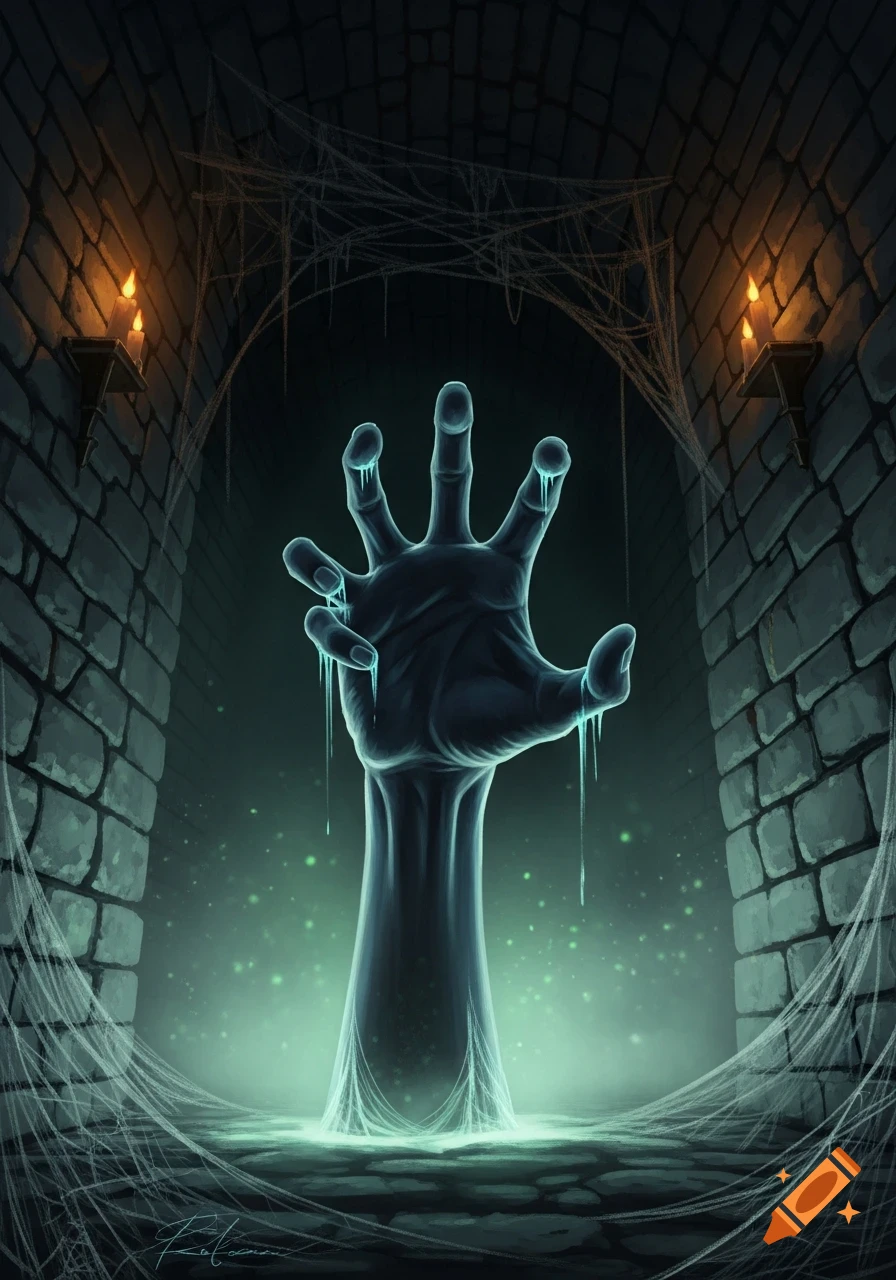 A glowing, ghostly hand emerges from green liquid in a dark, cobwebbed dungeon with brick walls and flickering candles.
