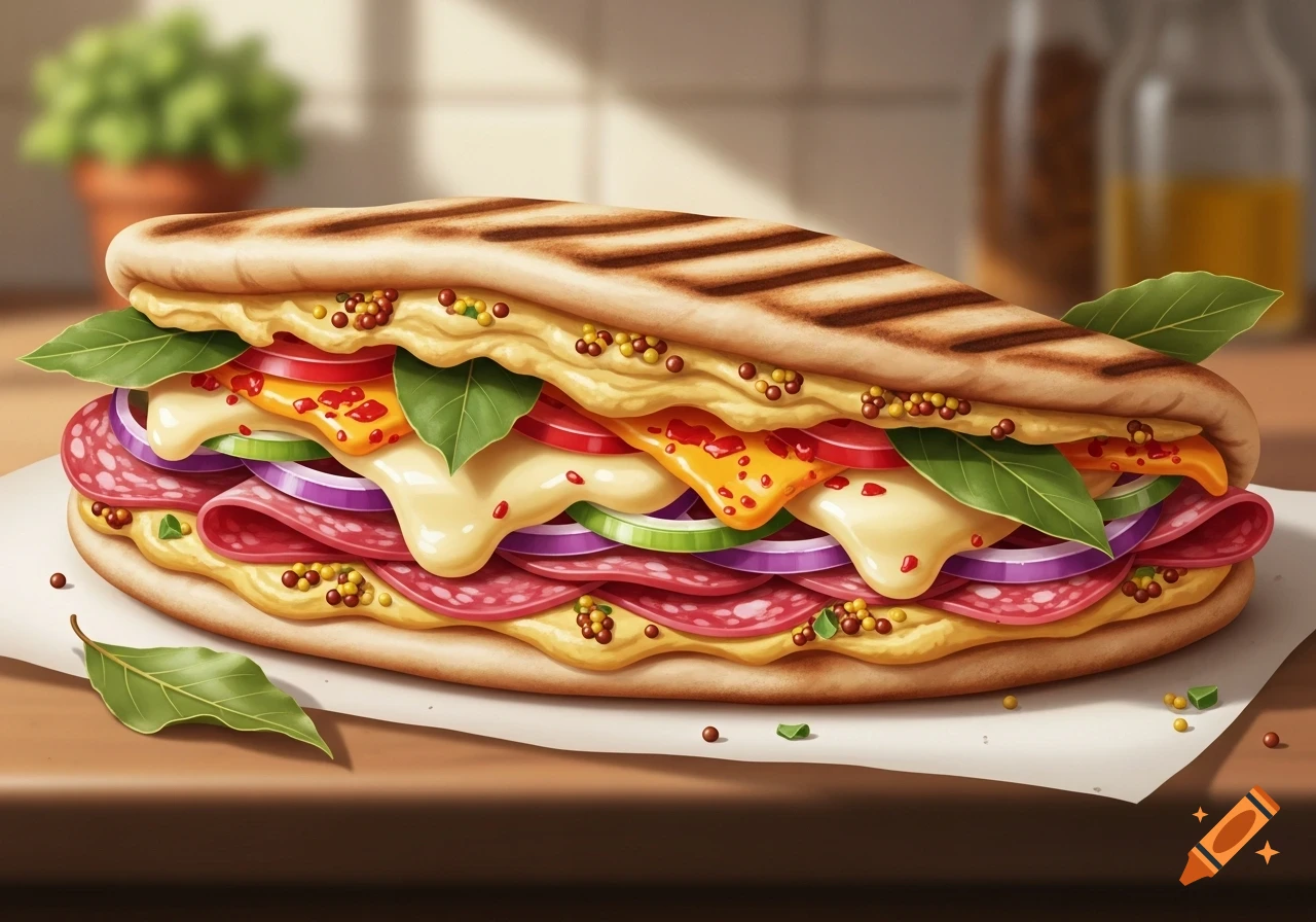 A grilled flatbread sandwich filled with salami, melting cheese, red onions, and green leaves, on white paper on a wooden table.