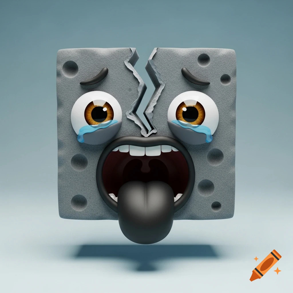 A cartoonish 3D grey foam block, ripped in half, with crying eyes, a wide-open mouth, and a big black tongue.