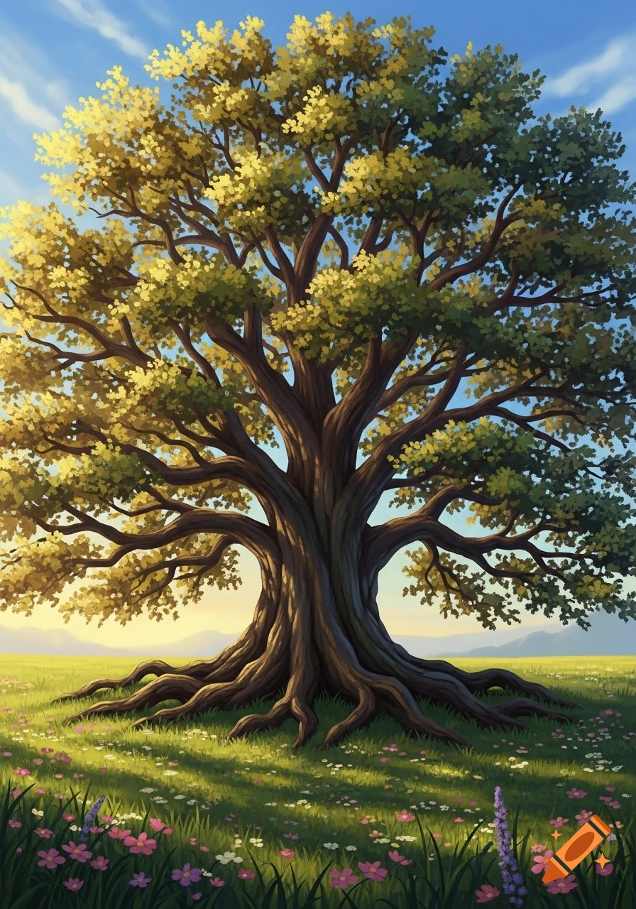 A large, ancient tree with sprawling roots and golden-green leaves stands in a vibrant meadow with wildflowers under a blue sky.