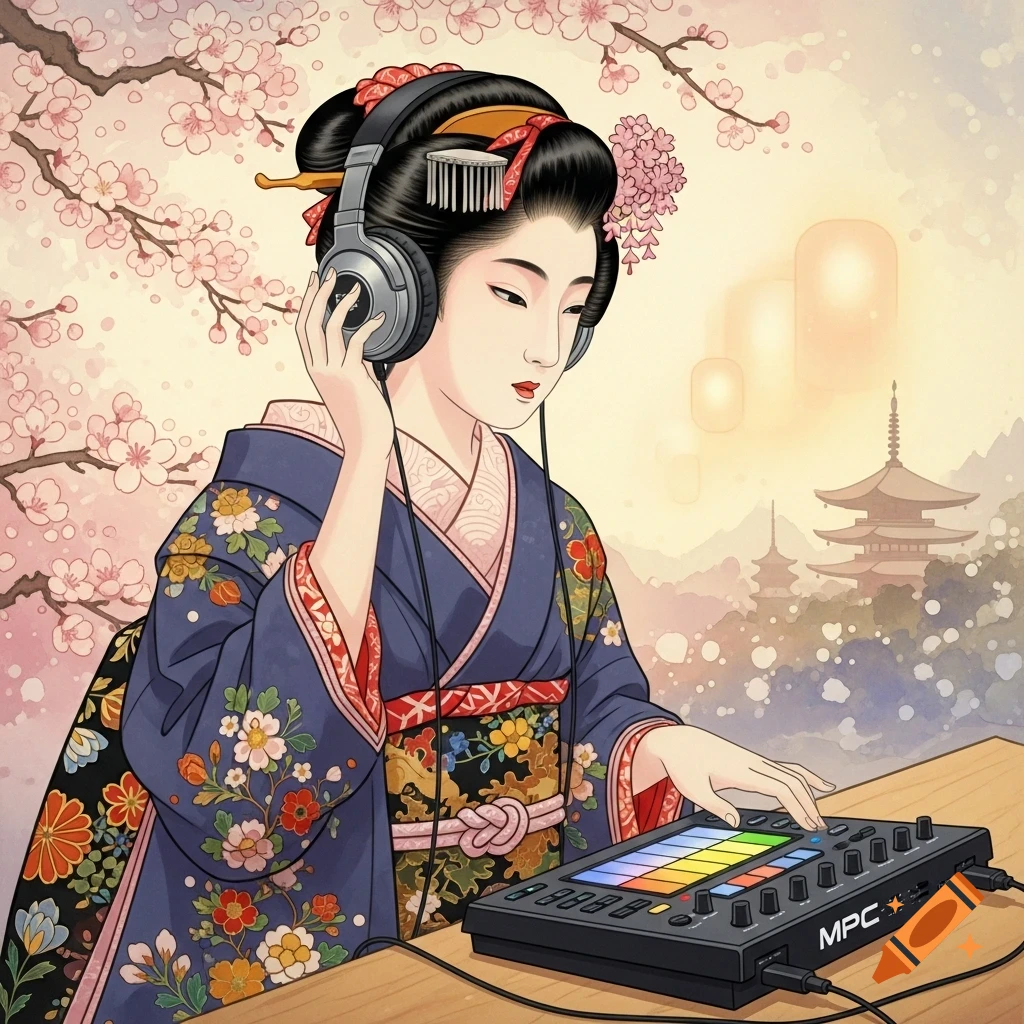 Japanese painting of a geisha wearing headphones, operating an MPC music controller amidst cherry blossoms and pagodas.