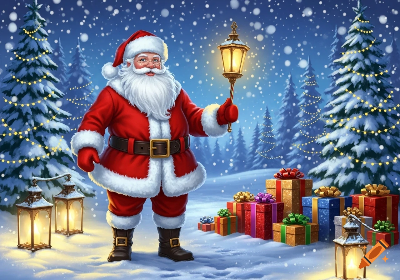 Santa Claus in a red suit holds a glowing lantern in a snowy winter forest with decorated Christmas trees and wrapped presents.