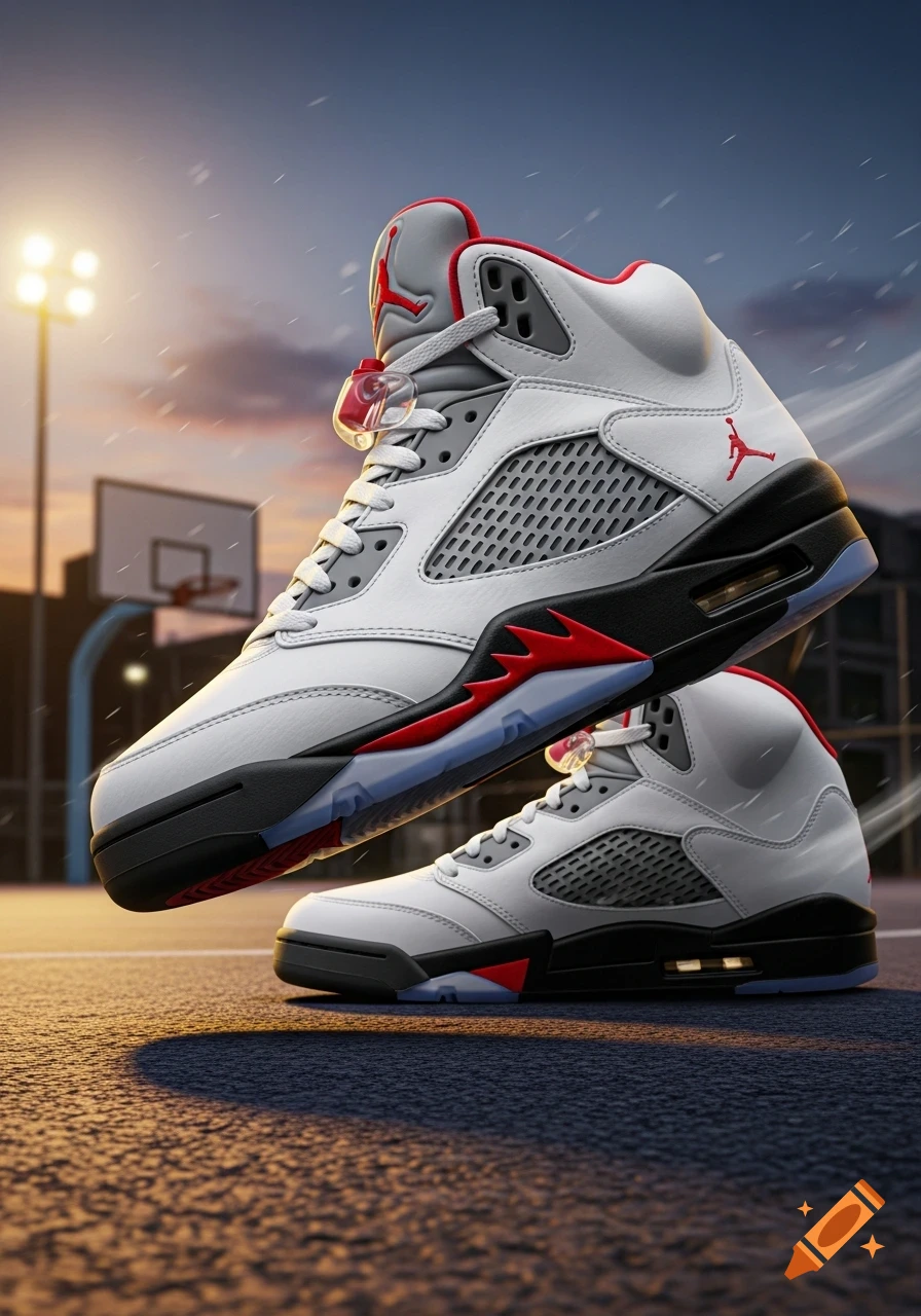 White, grey, and red Jordan 5 sneakers with a Jumpman logo, one floating above the other, on a basketball court at sunset.