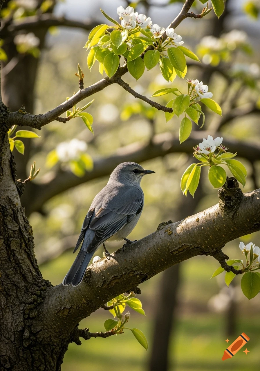 A photorealistic gray bird perches on a blooming tree branch with white flowers and green leaves.