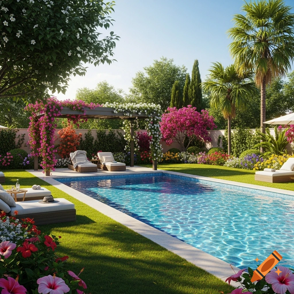 A luxurious swimming pool and lush garden with a pergola covered in pink and white flowers, lounge chairs, and vibrant foliage under a sunny sky.
