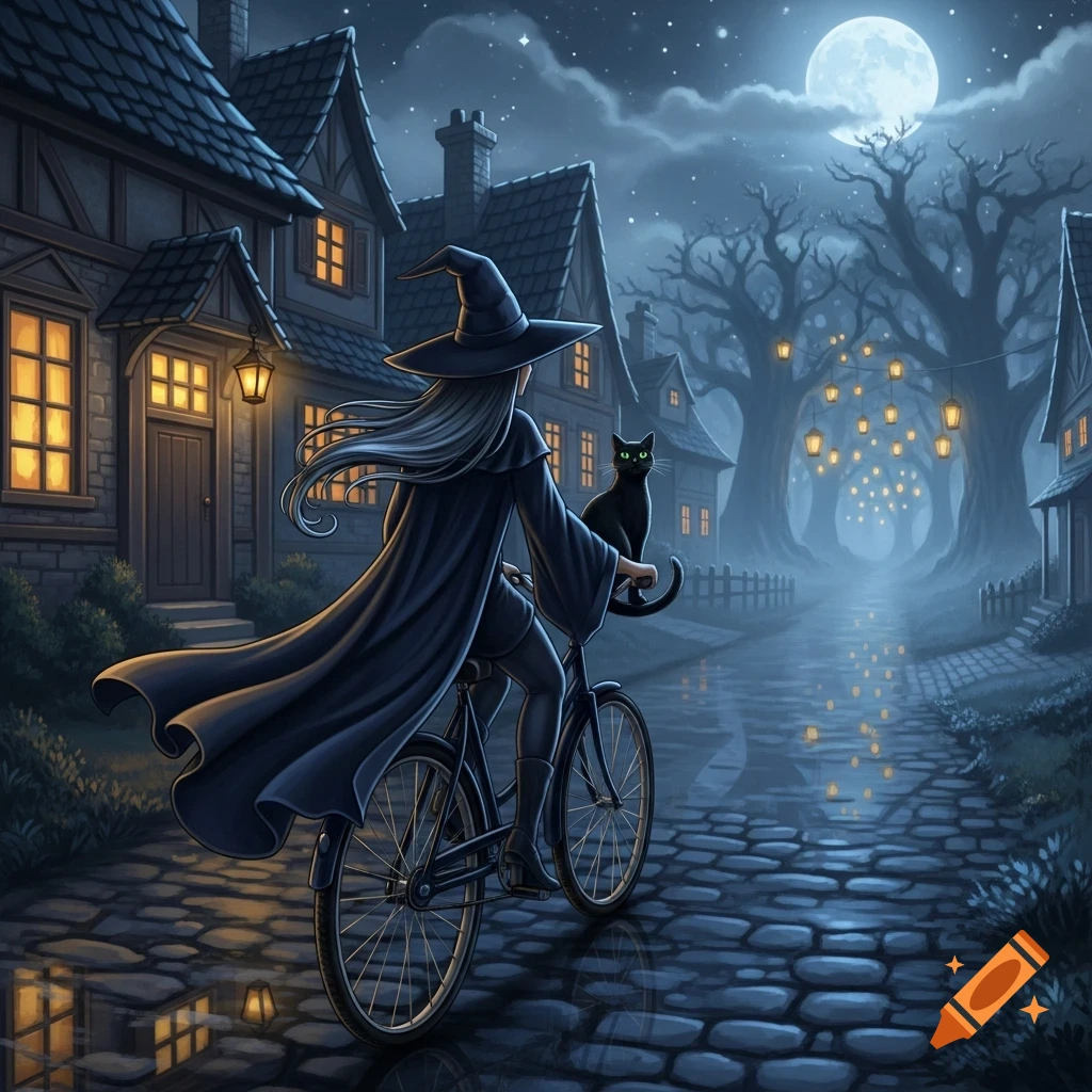 A witch with a black cat rides a bicycle down a cobblestone street at night, past houses and lanterns under a full moon in a fantasy style.