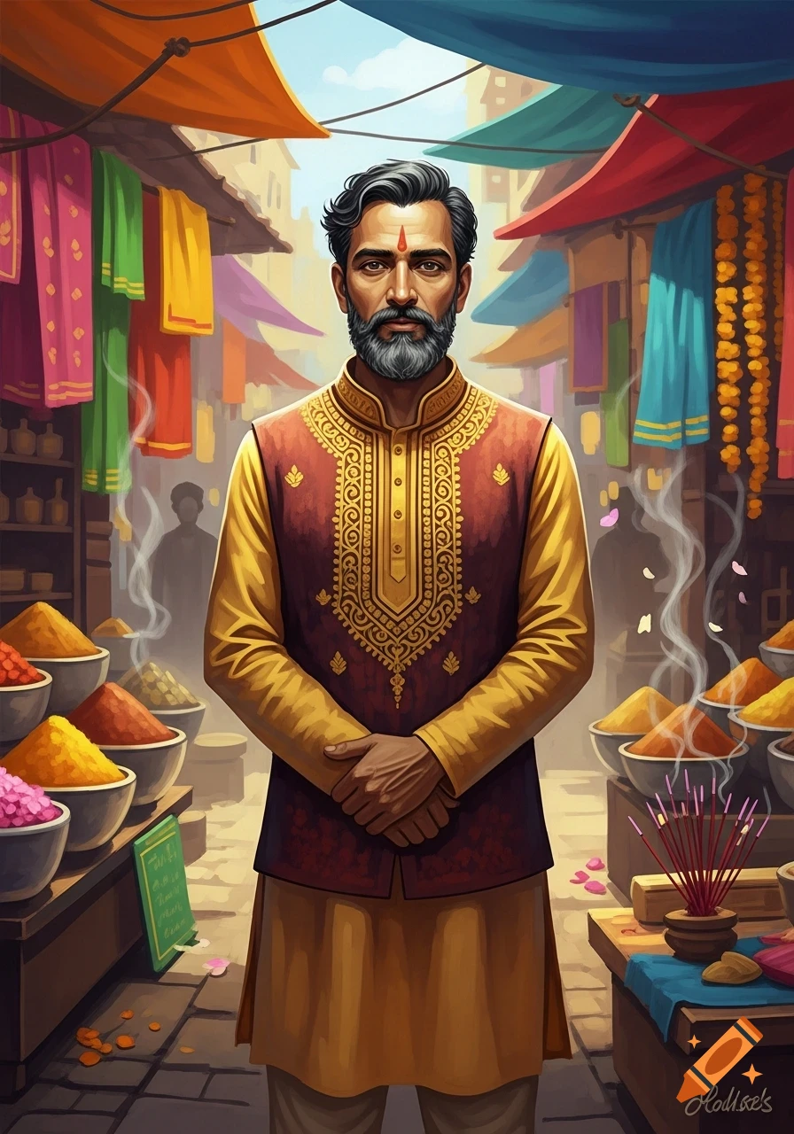 Illustrative portrait of an Indian man with a beard and bindi, dressed in traditional attire, standing in a colorful market with spices and fabrics.