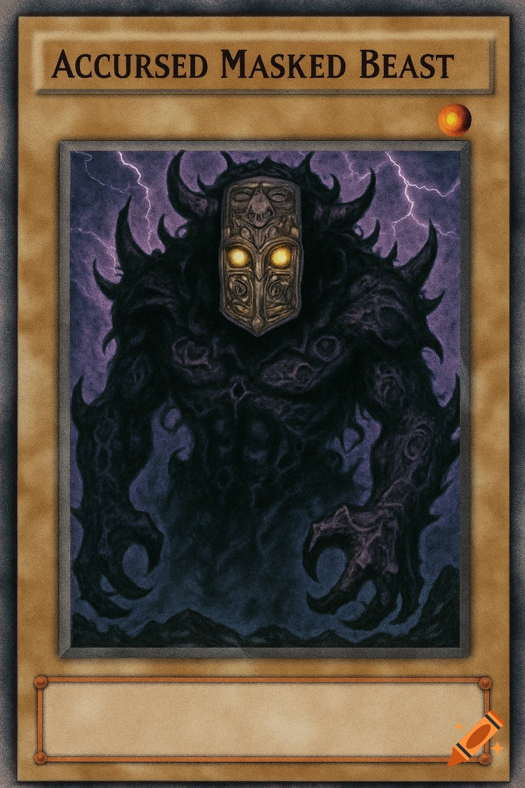 A vintage Yu-Gi-Oh! style card titled "Accursed Masked Beast", featuring a shadowy, horned monster with glowing eyes.
