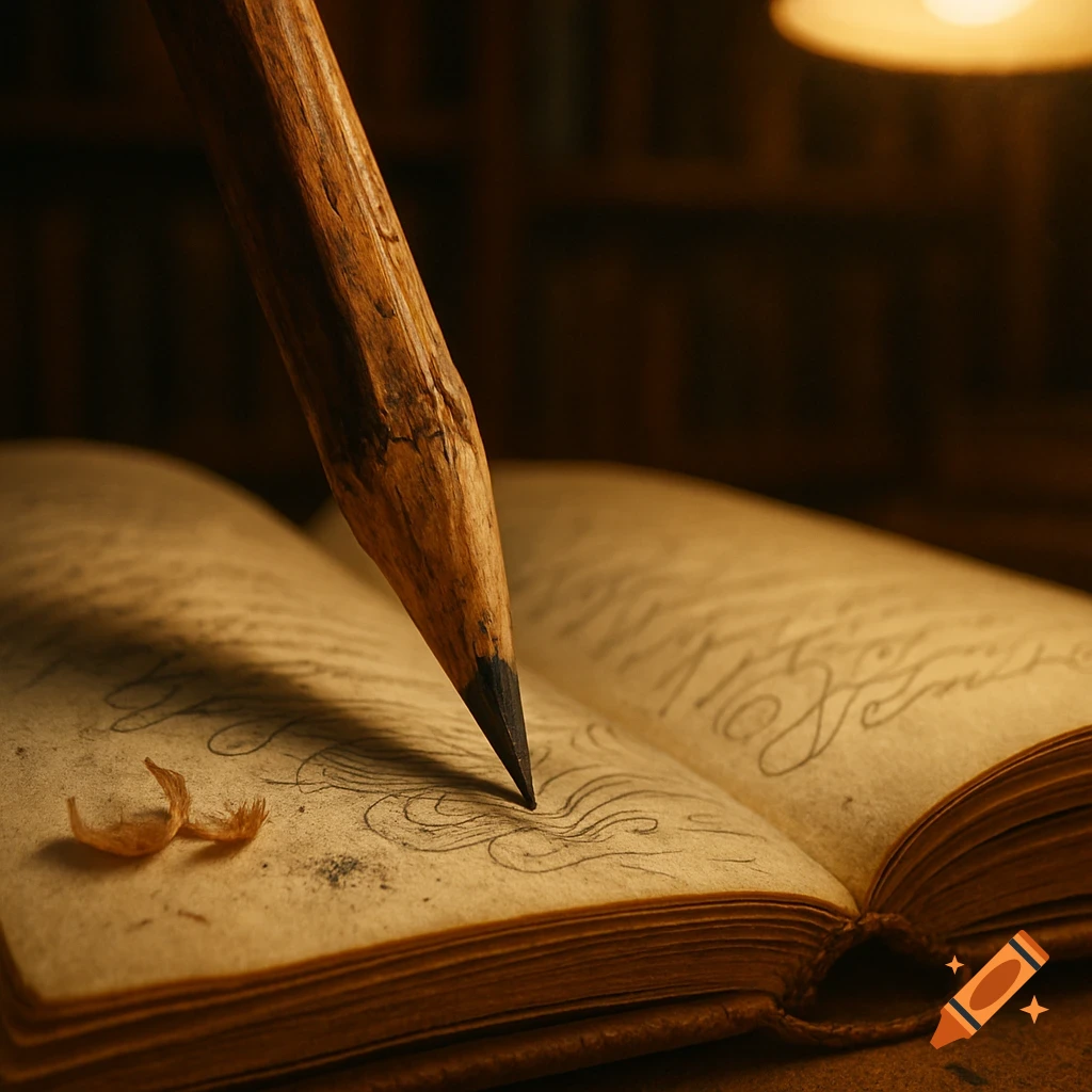 A large, rustic pencil writes on aged pages of an open book under dim light, with wood shavings nearby.