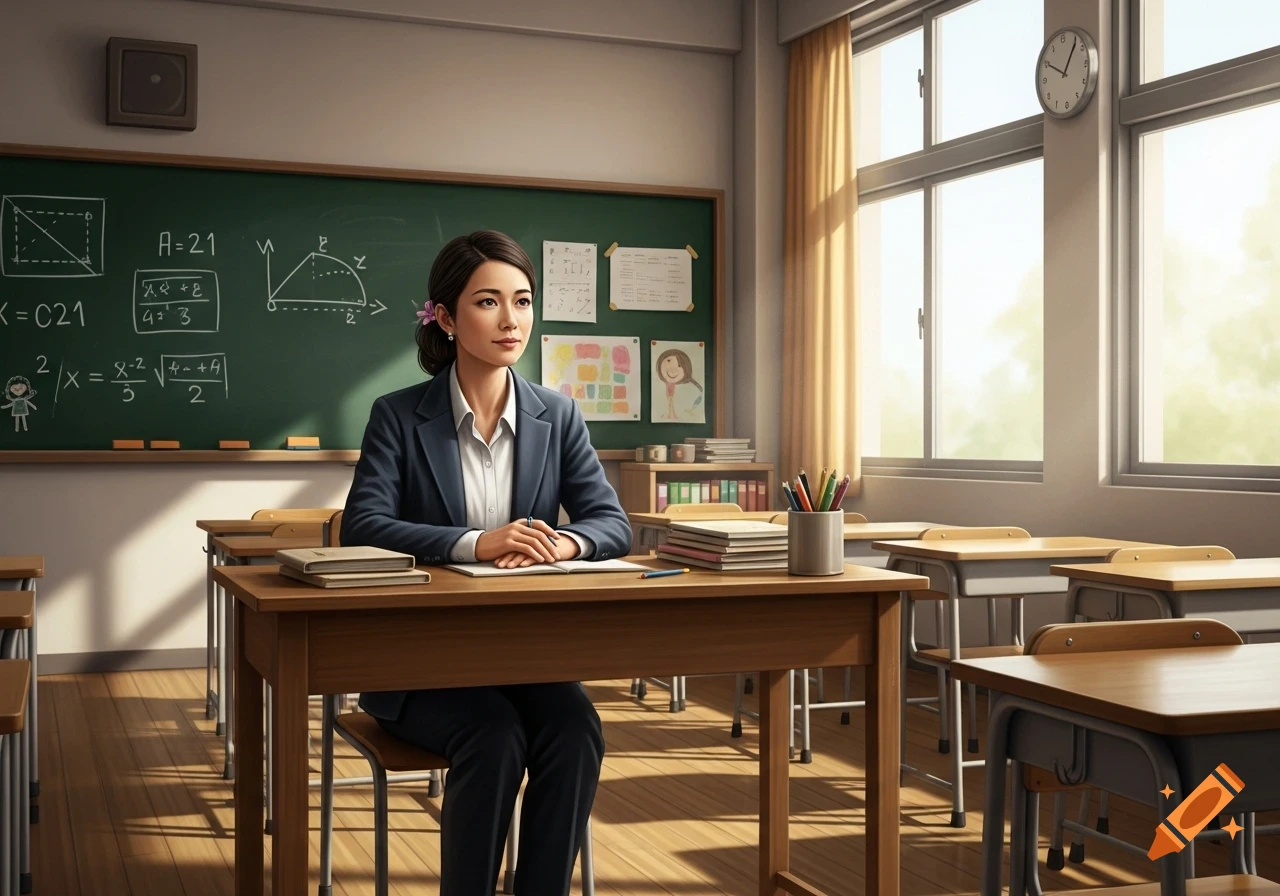 An Asian teacher with a flower in her hair sits thoughtfully at a desk in a sunlit classroom, with a blackboard behind her.