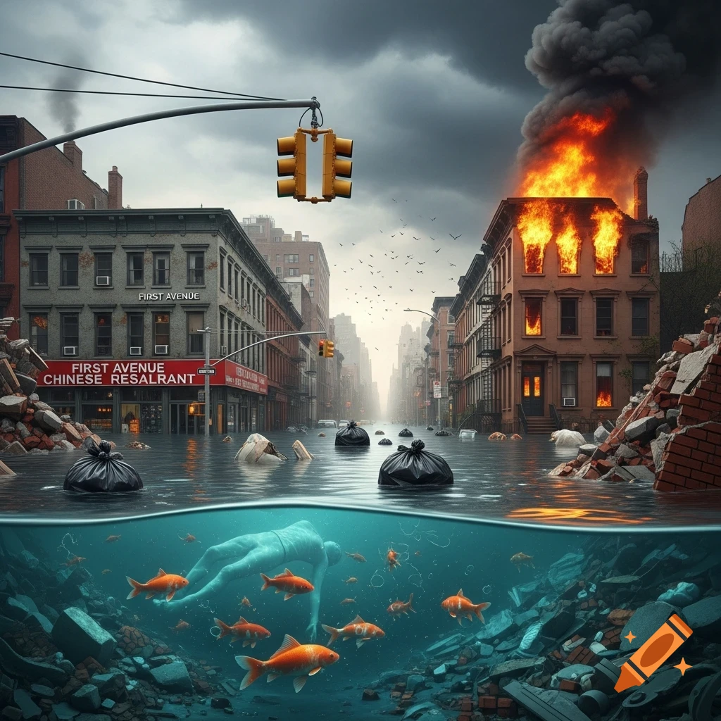 A flooded city street with burning buildings, submerged trash bags, and a dead body floating among goldfish underwater.