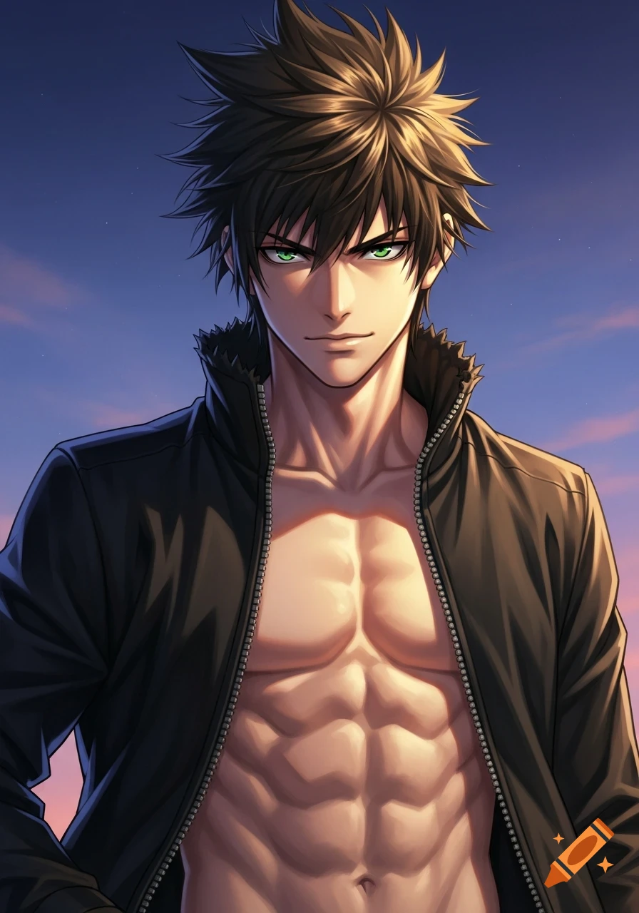 Anime-style portrait of a muscular man with spiky dark hair and green eyes, wearing an open black jacket against a twilight sky.
