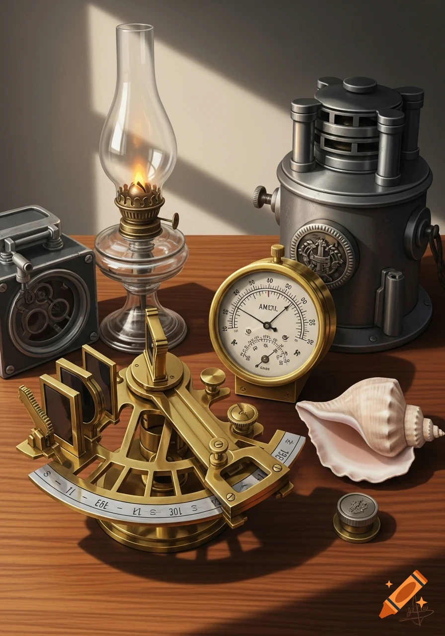 A still life painting of antique nautical instruments and objects including a brass sextant, a vintage oil lamp, a clock, and a conch shell on a wooden table.