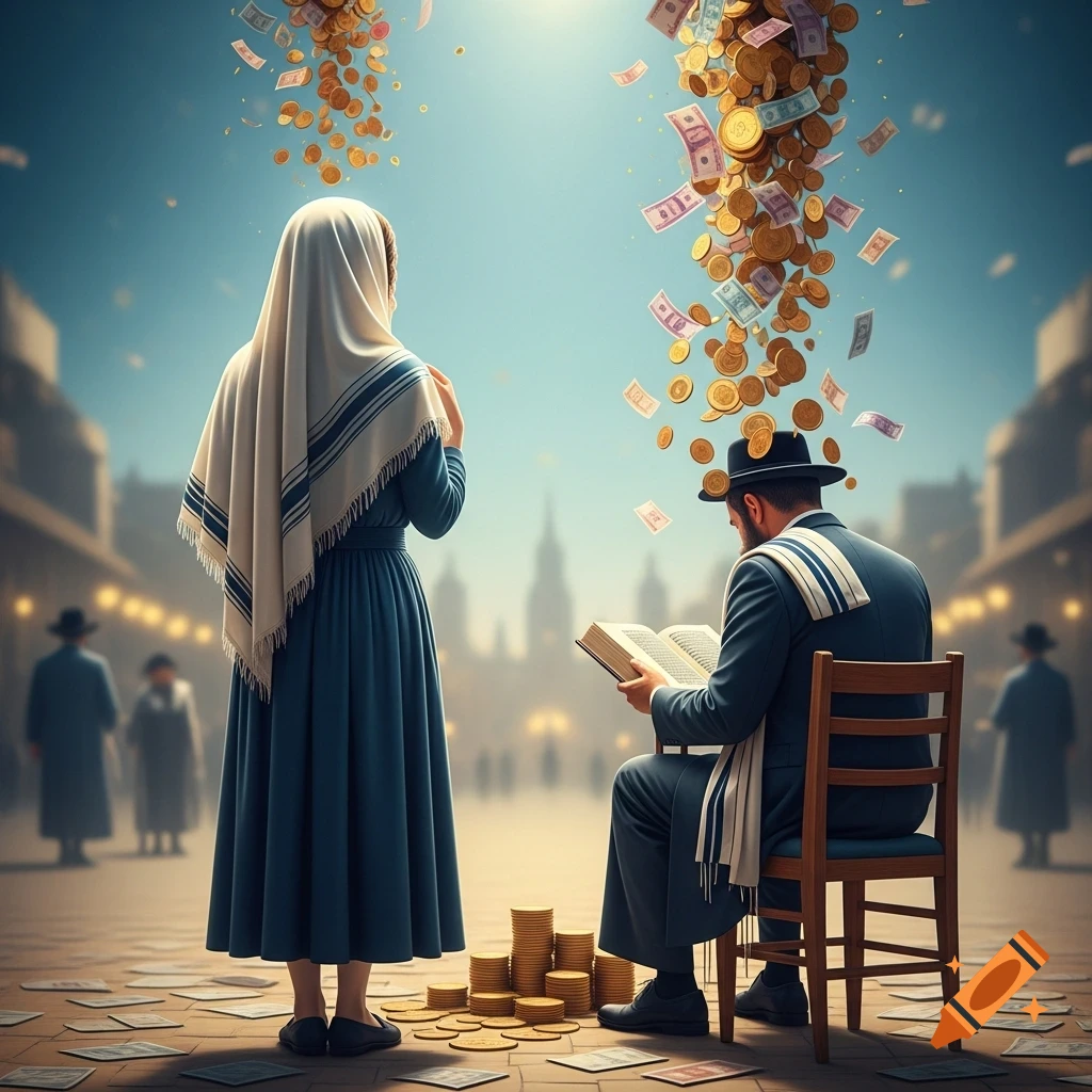 An Orthodox Jewish woman stands on a street as money falls from the sky, while a Hasidic man sits nearby, engrossed in reading a book.