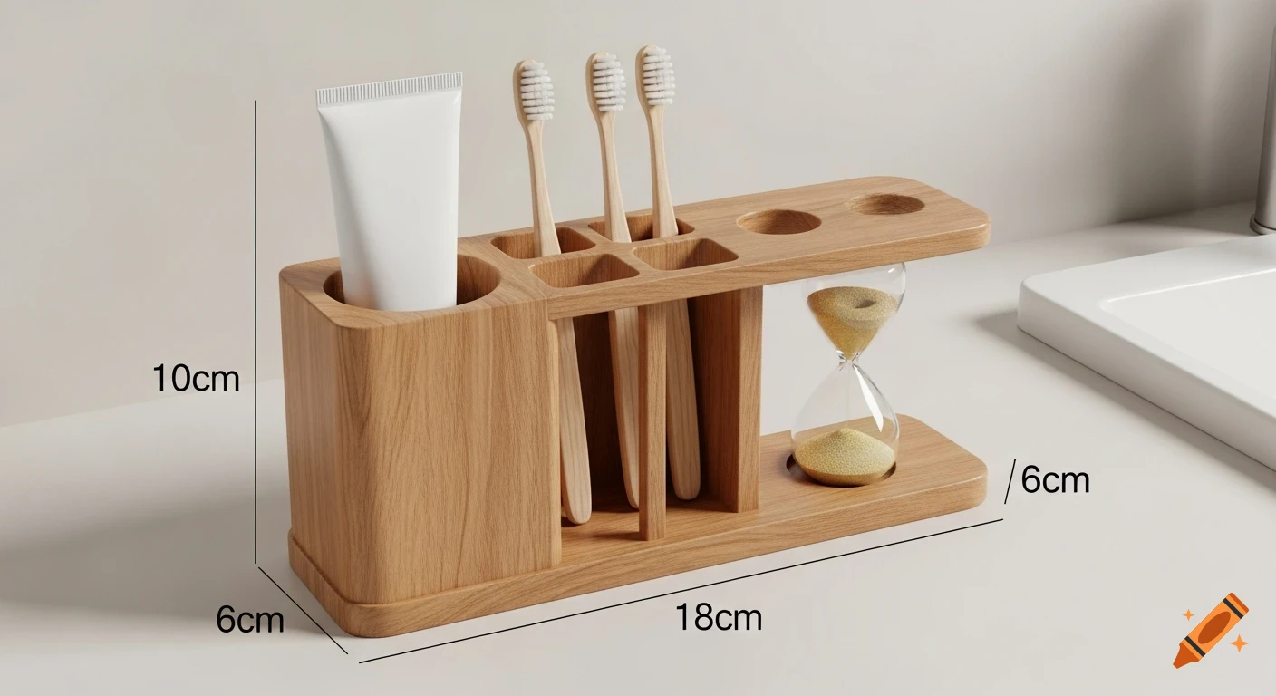 Wooden toothbrush holder with three toothbrushes, toothpaste, and an hourglass, displayed on a countertop with dimensions marked.