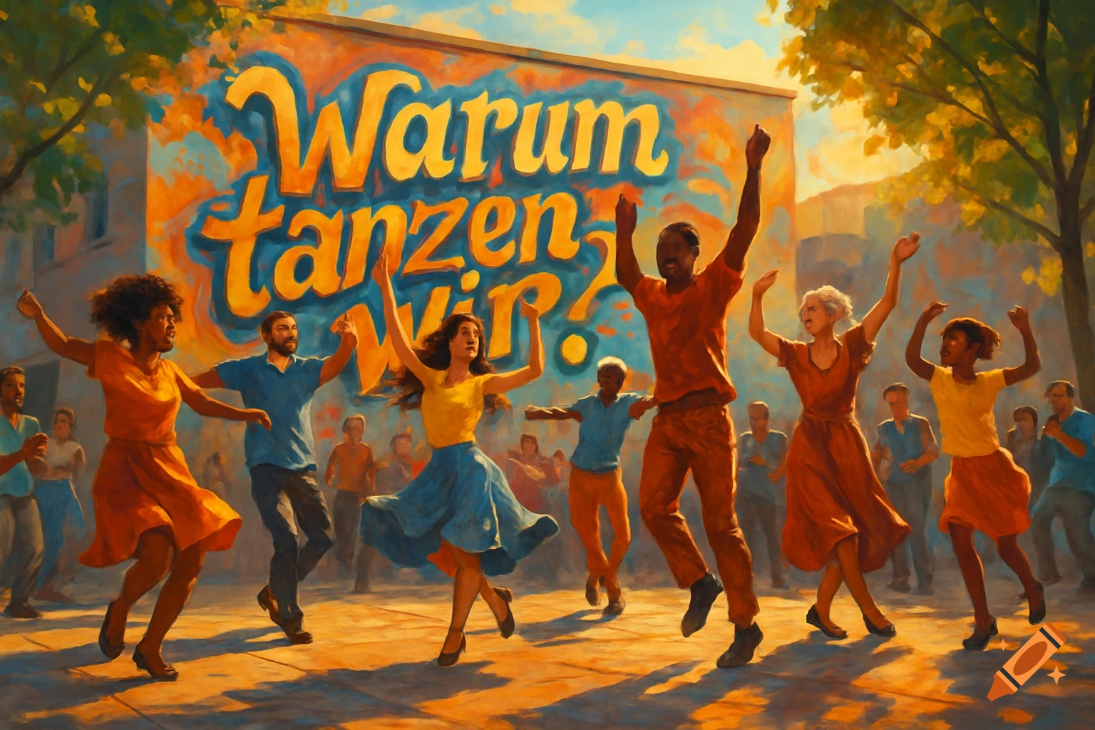 Diverse people dance joyfully in a street, front of a large mural saying "Warum tanzen Wir?" in a vibrant, painterly style.