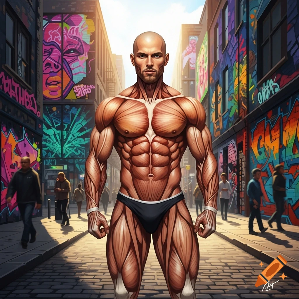 A bald, muscular man displaying detailed anatomical muscles in black briefs, standing in a vibrant graffiti-covered urban alleyway.
