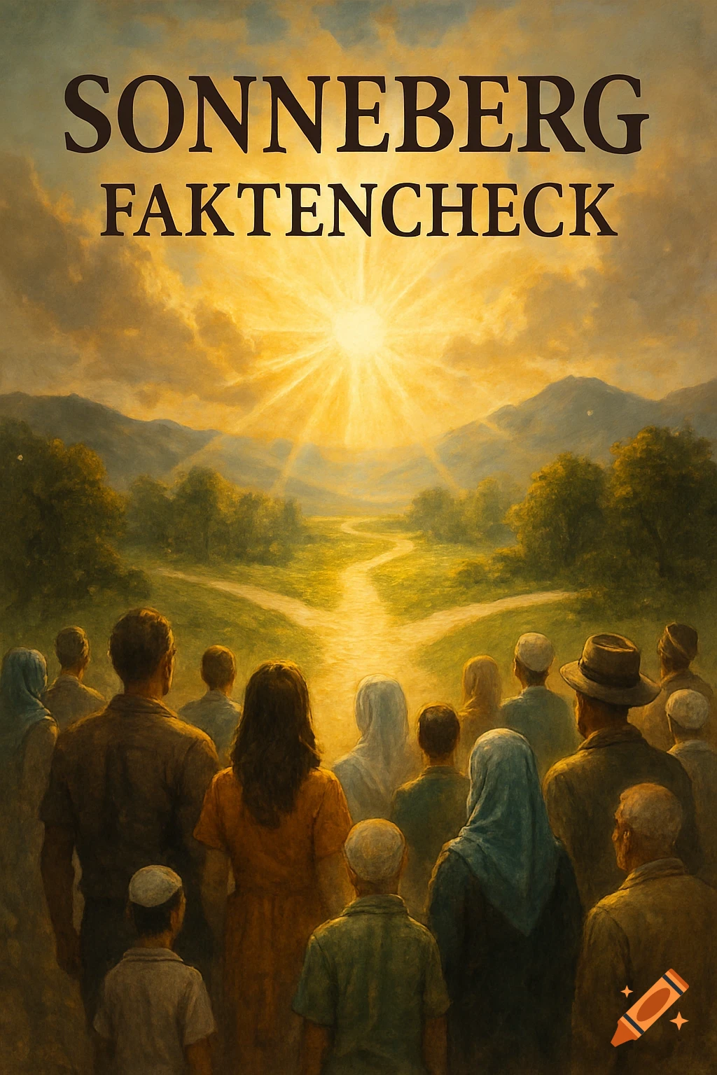 Painterly image of diverse people from behind, looking towards a radiant sun over a landscape with a diverging path, with 'SONNEBERG FAKTENCHECK' text above.