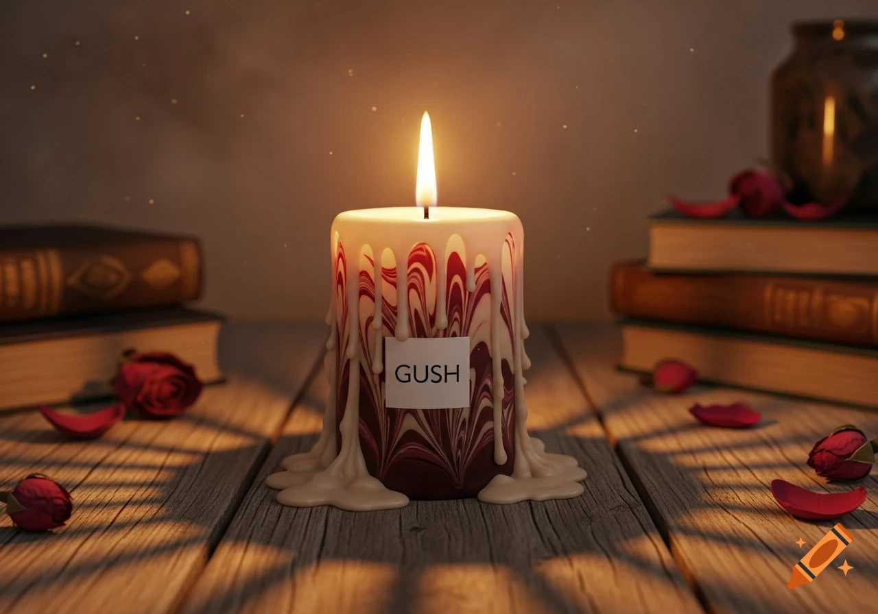 A lit candle with red and white dripping wax sits on a wooden table among old books and scattered rose petals, bathed in warm light.